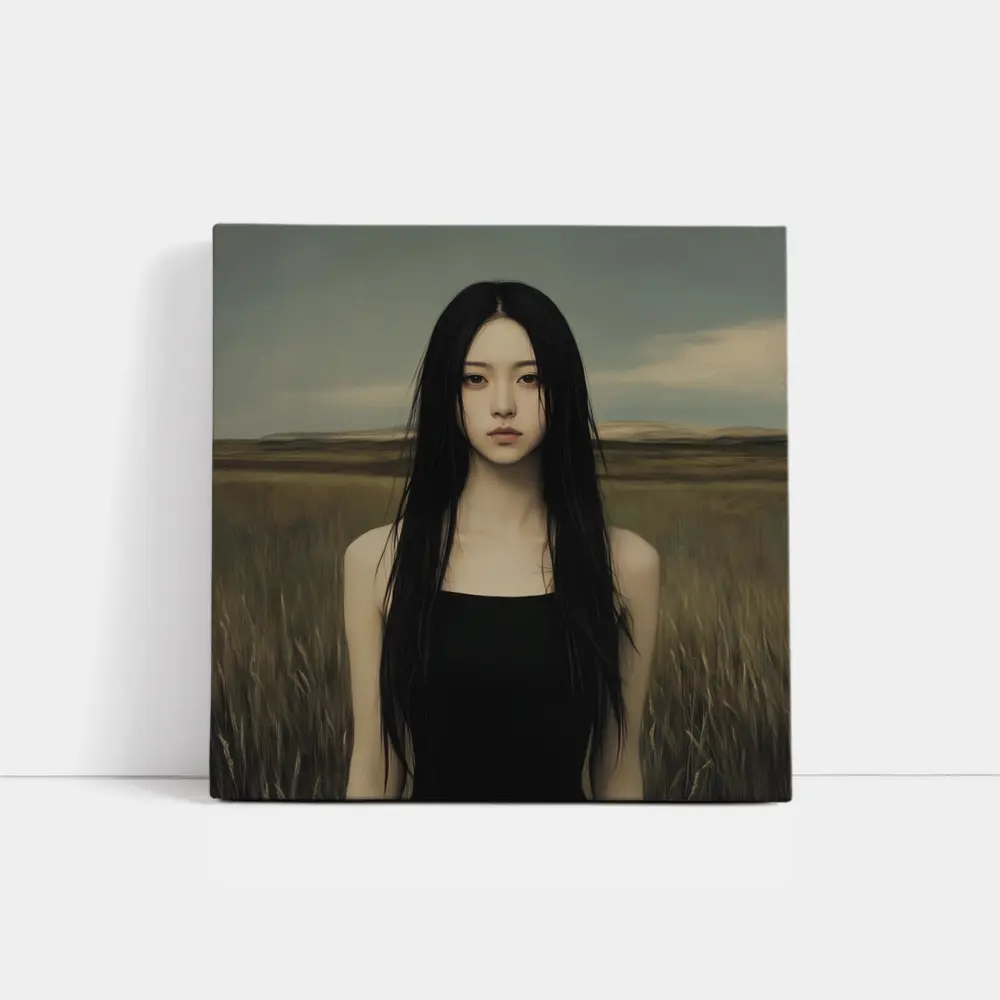 Dark Hair Woman Standing In Grassy Field – Wall Art