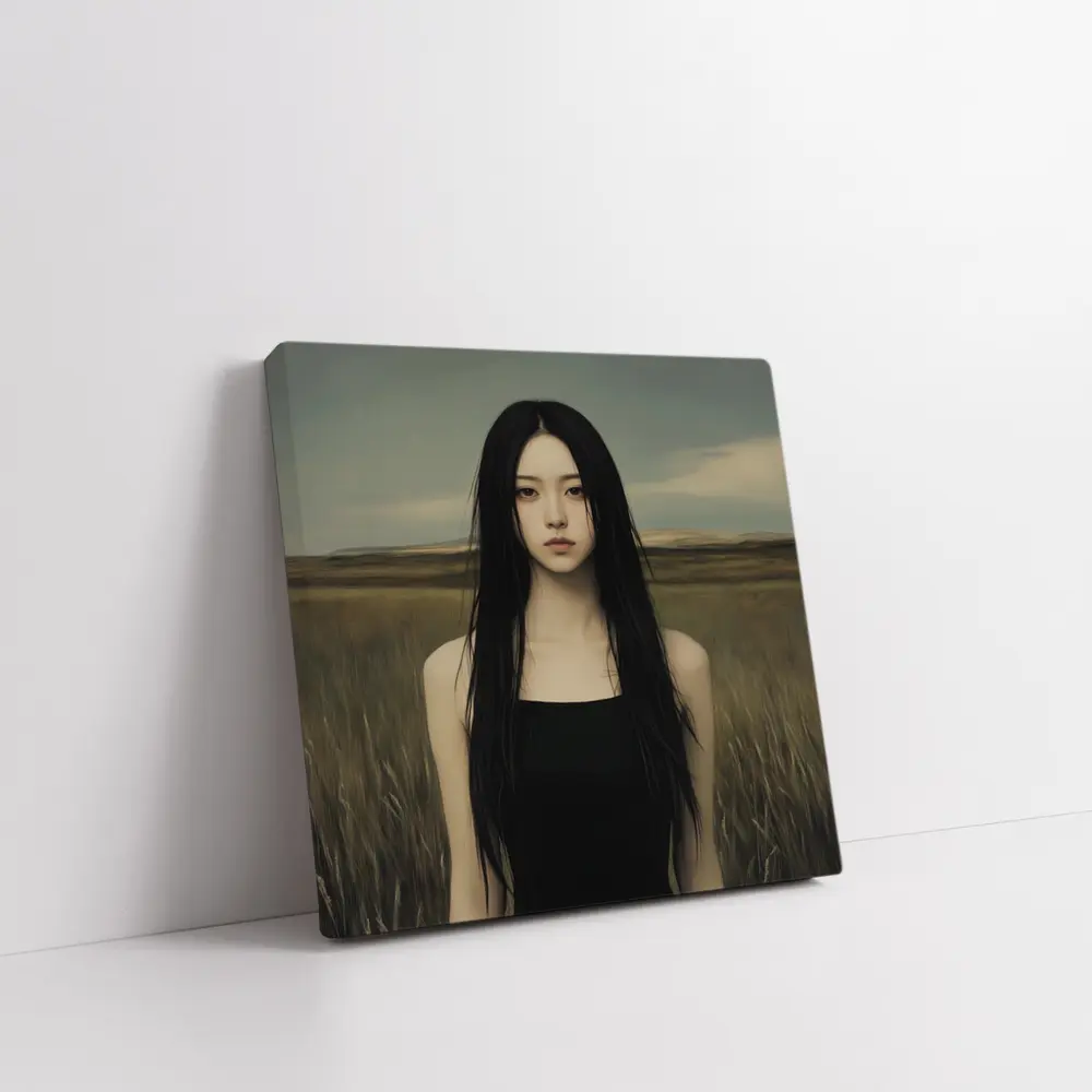 Dark Hair Woman Standing In Grassy Field – Wall Art