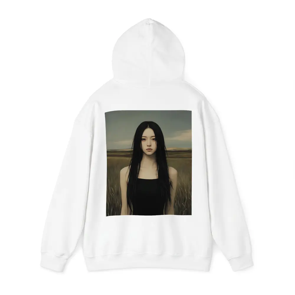 Dark Hair Woman Standing In Grassy Field – Hoodies