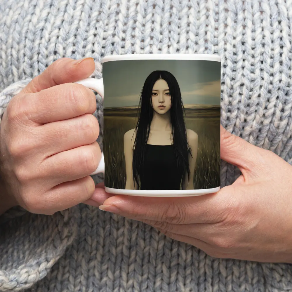 Dark Hair Woman Standing In Grassy Field – Mugs