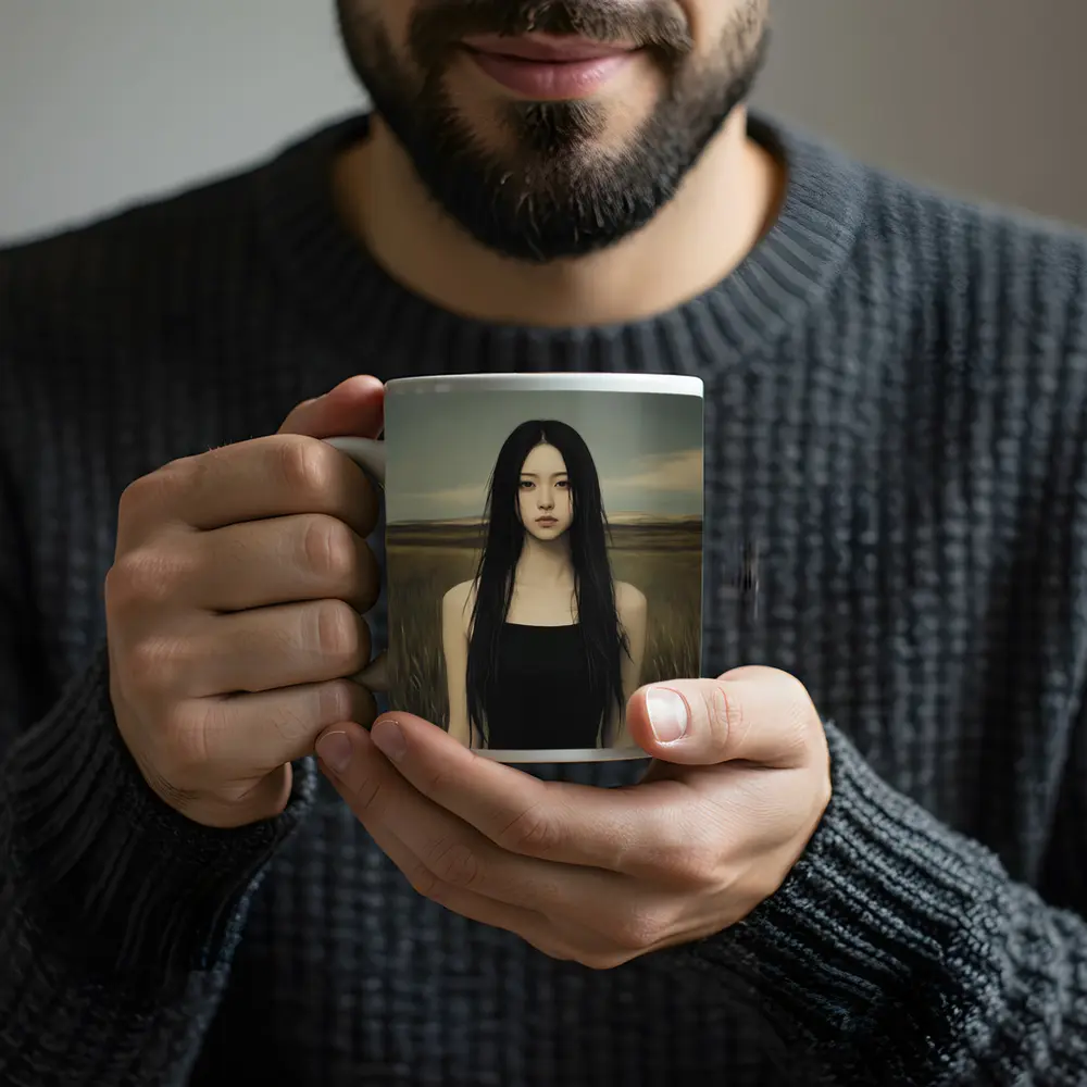 Dark Hair Woman Standing In Grassy Field – Mugs