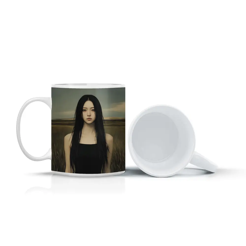 Dark Hair Woman Standing In Grassy Field – Mugs