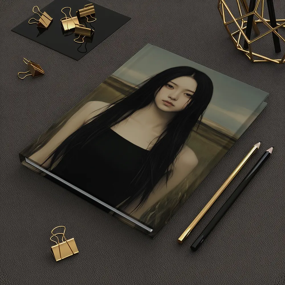 Dark Hair Woman Standing In Grassy Field – Notebooks