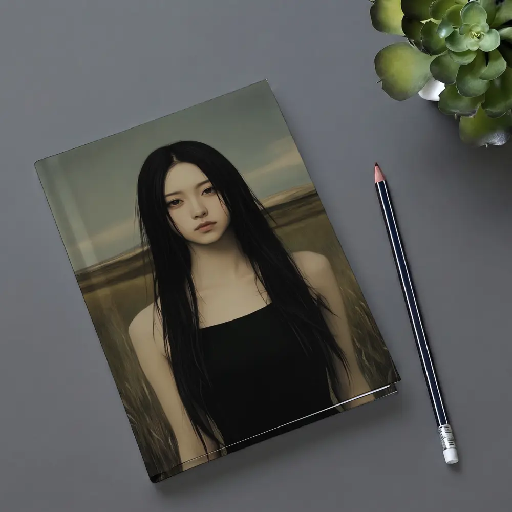 Dark Hair Woman Standing In Grassy Field – Notebooks