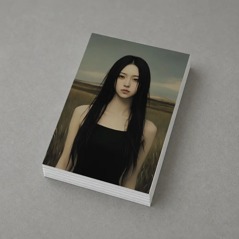 Dark Hair Woman Standing In Grassy Field – Postcards