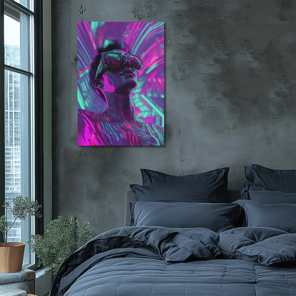 Neon Man Portrait Retrowave Purple Teal Art – Wall Art