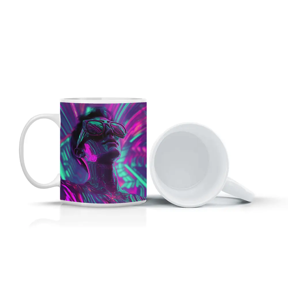 Neon Man Portrait Retrowave Purple Teal Art – Mugs