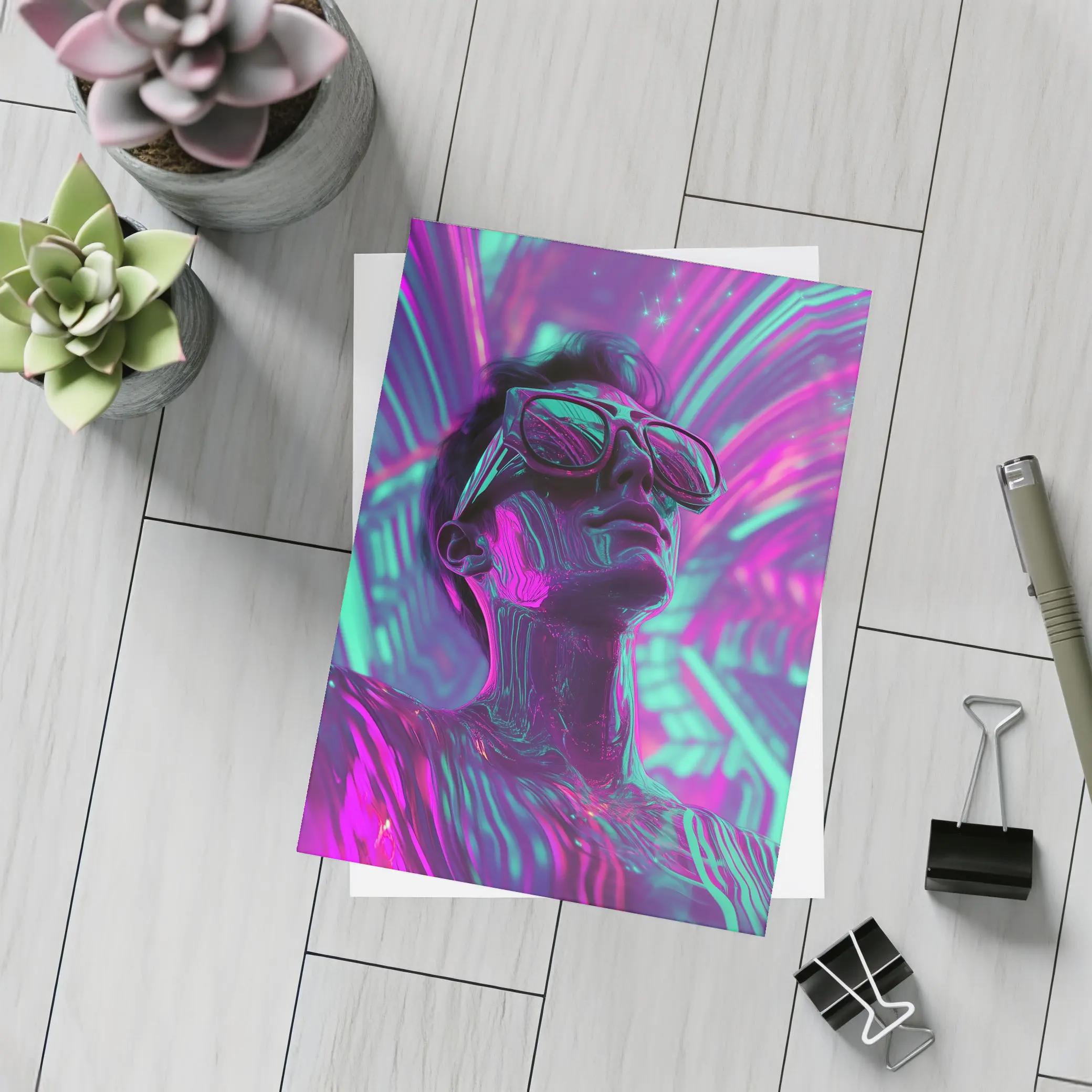 Neon Man Portrait Retrowave Purple Teal Art – Postcards