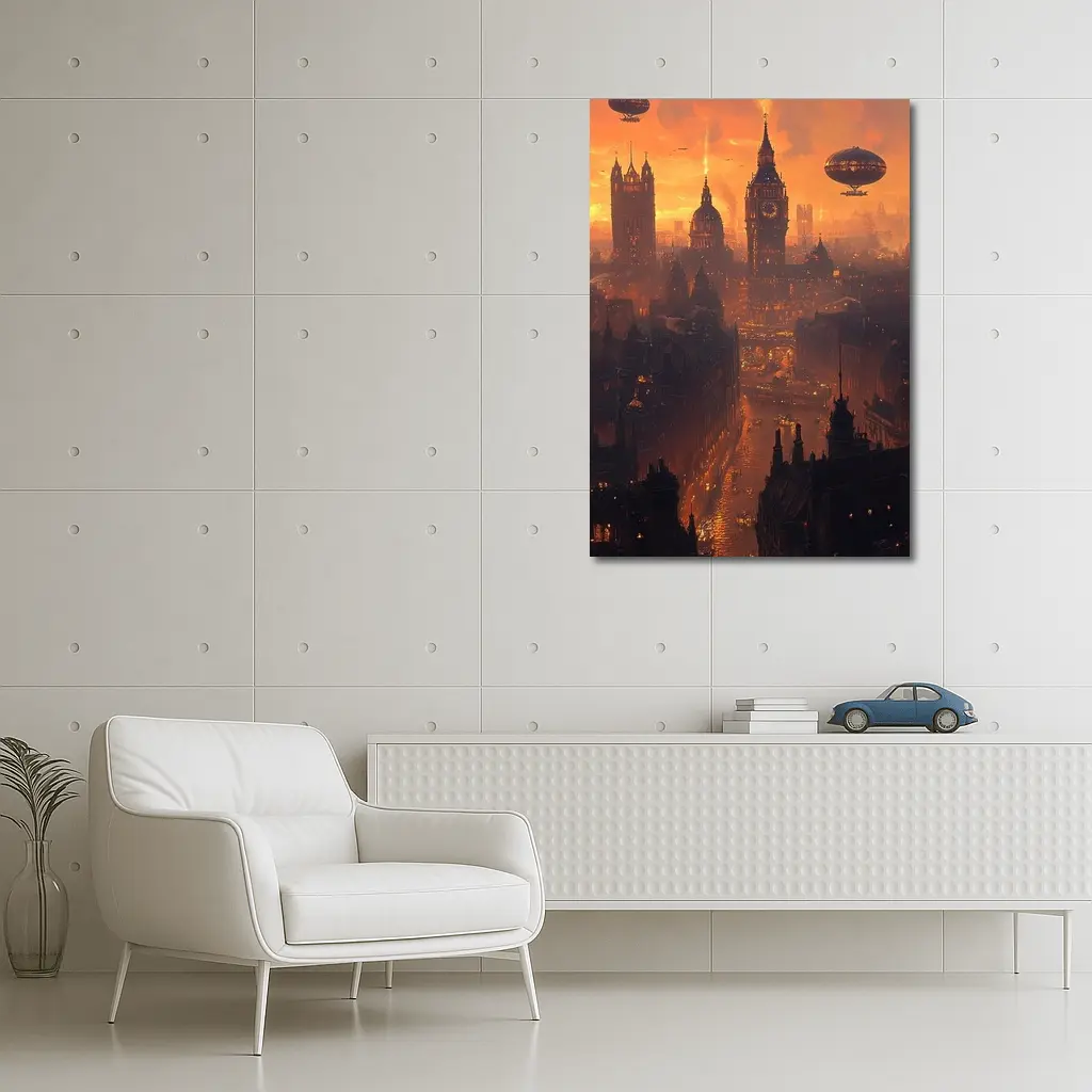 Steampunk London Skyline With Airships Sunset – Wall Art