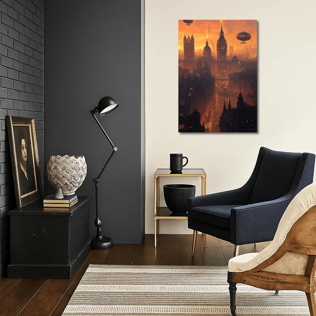 Steampunk London Skyline With Airships Sunset – Wall Art