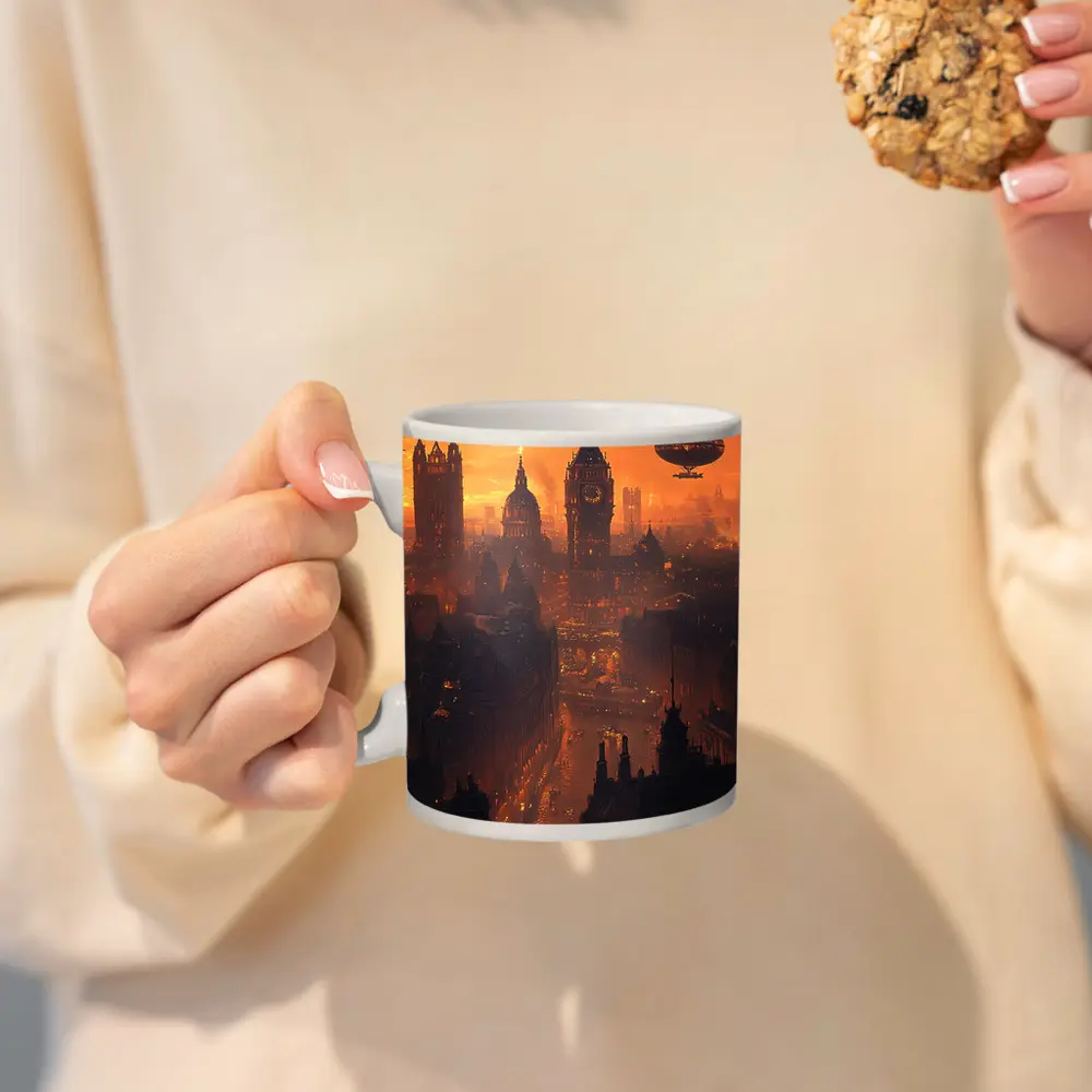 Steampunk London Skyline With Airships Sunset – Mugs