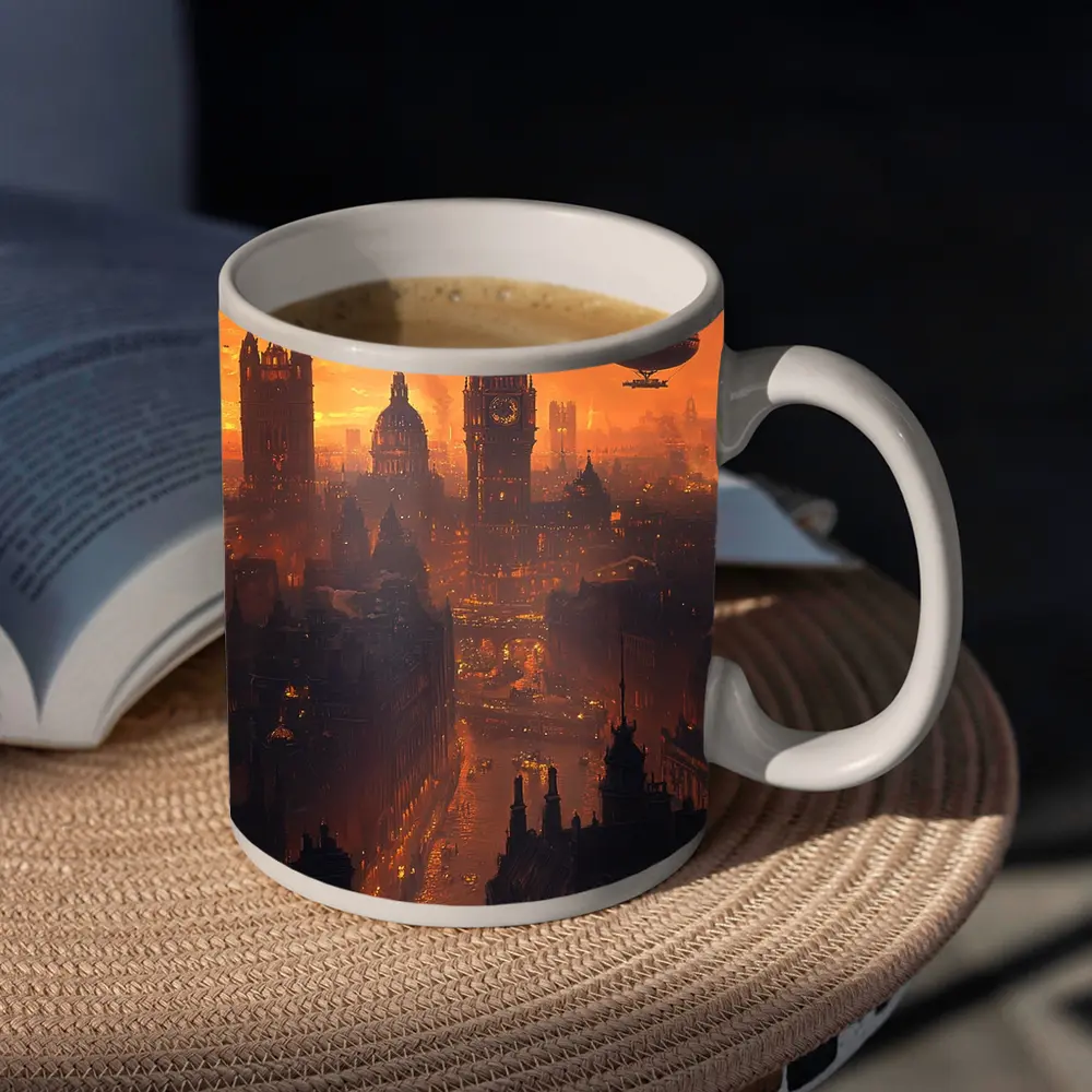 Steampunk London Skyline With Airships Sunset – Mugs