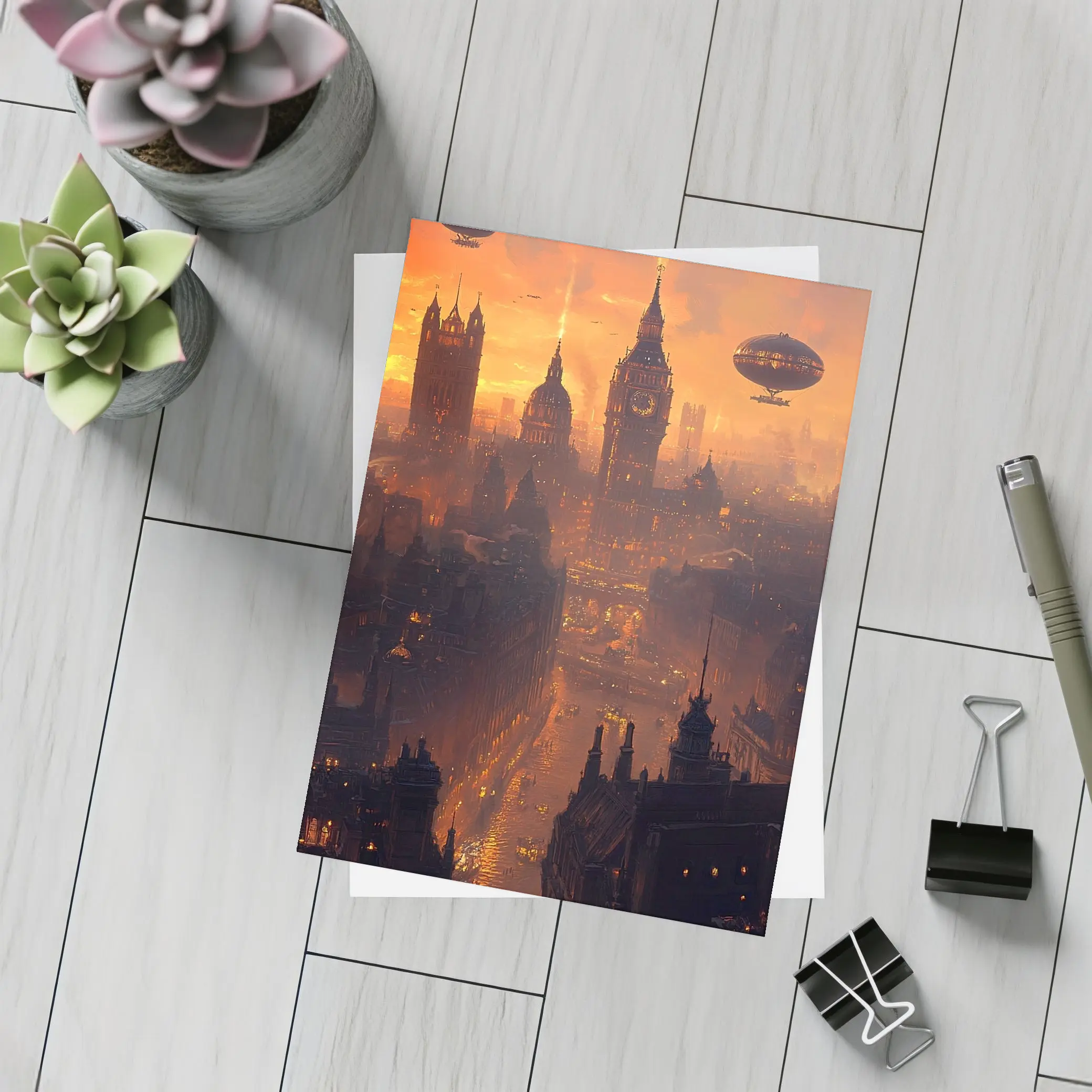 Steampunk London Skyline With Airships Sunset – Postcards