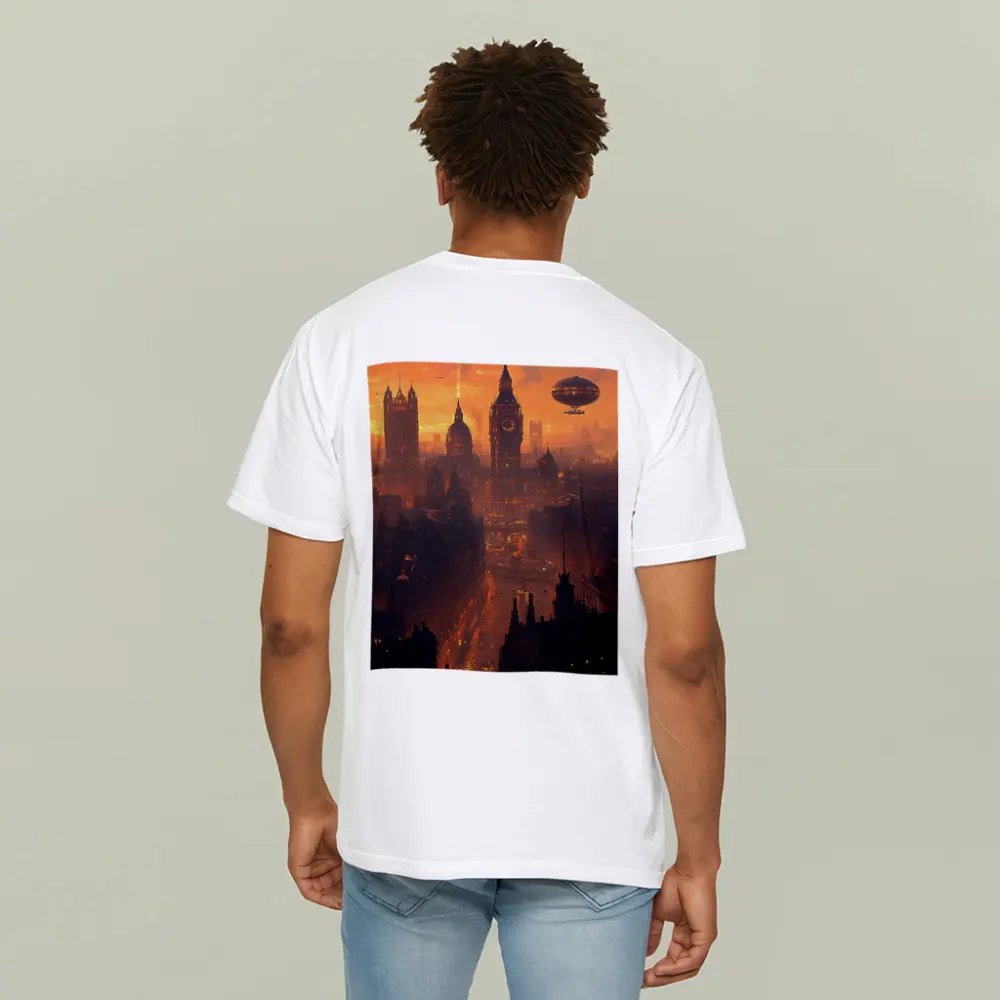 Steampunk London Skyline With Airships Sunset – T-Shirts