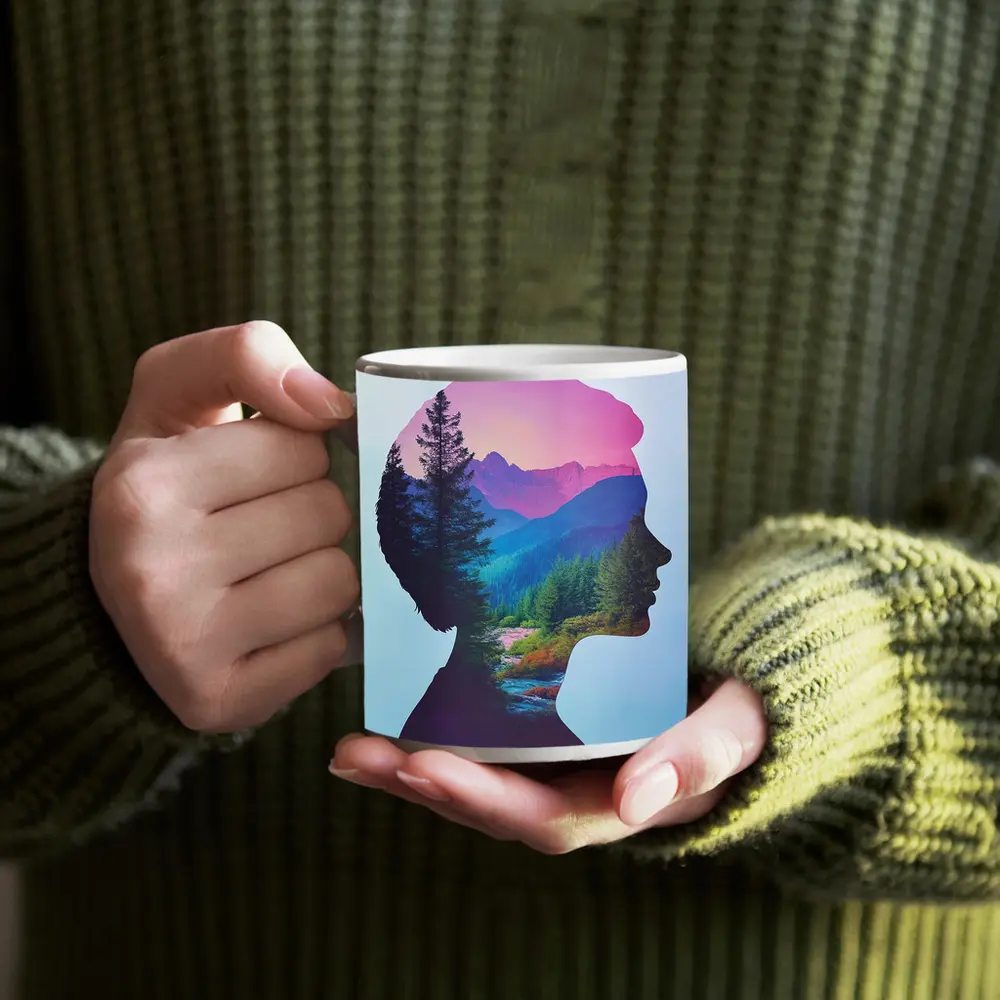 Woman Silhouette Double Exposure Mountain Forest – Mugs