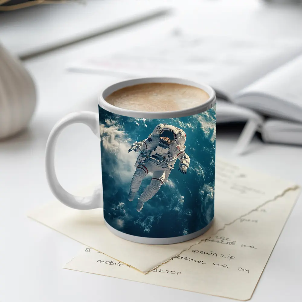 Astronaut Floating Above Earth Clouds – Mugs