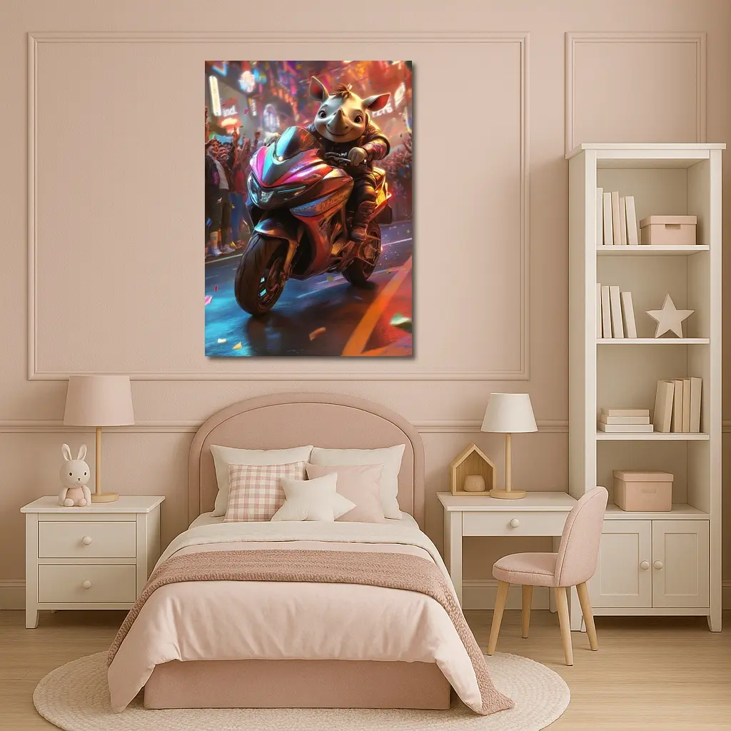 Cartoon Rhino Riding Sport Bike Neon City – Wall Art