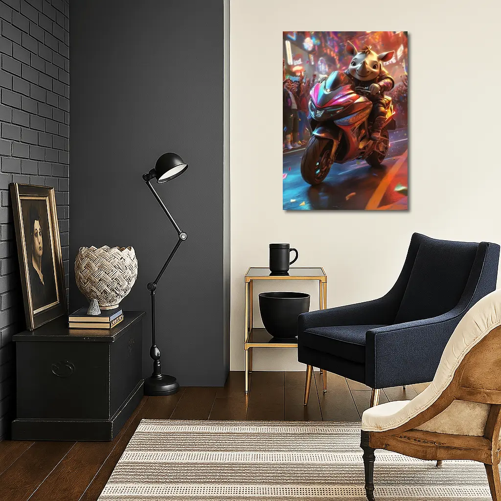 Cartoon Rhino Riding Sport Bike Neon City – Wall Art
