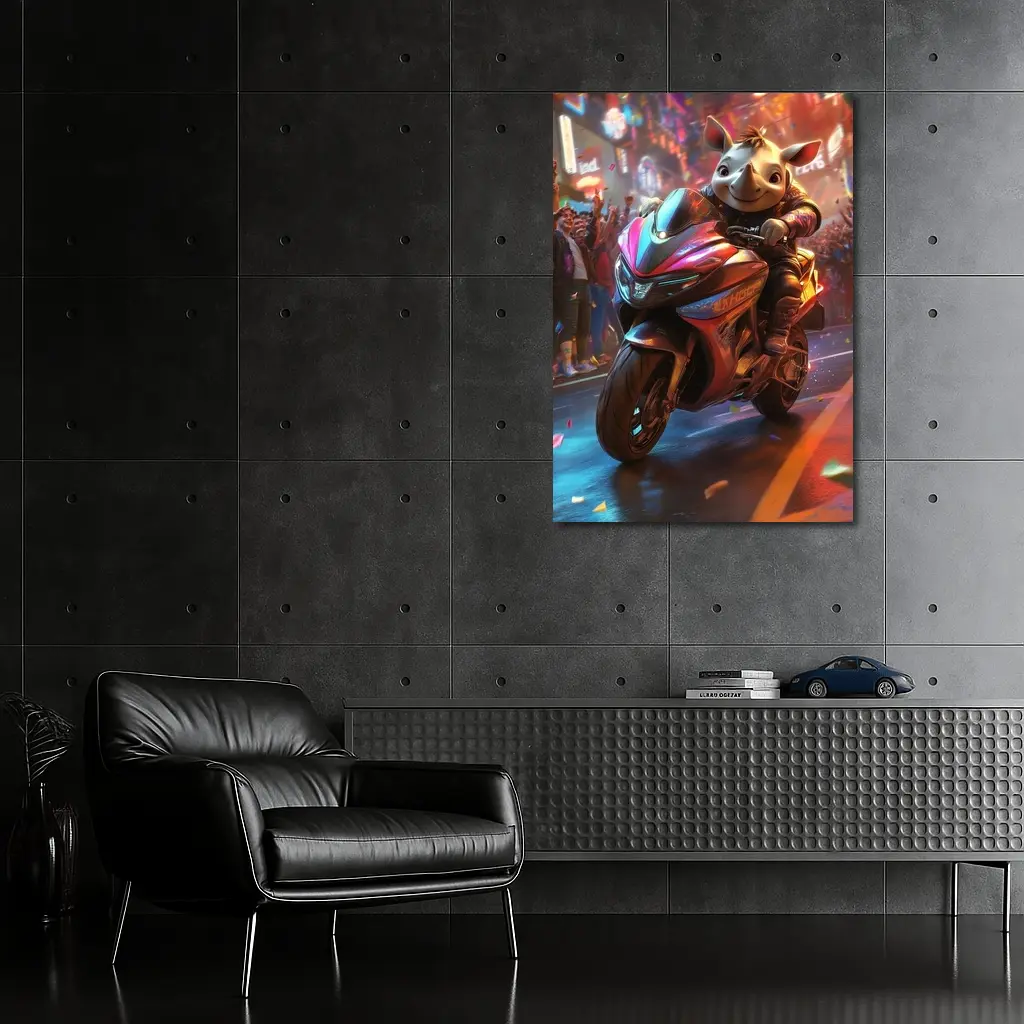 Cartoon Rhino Riding Sport Bike Neon City – Wall Art