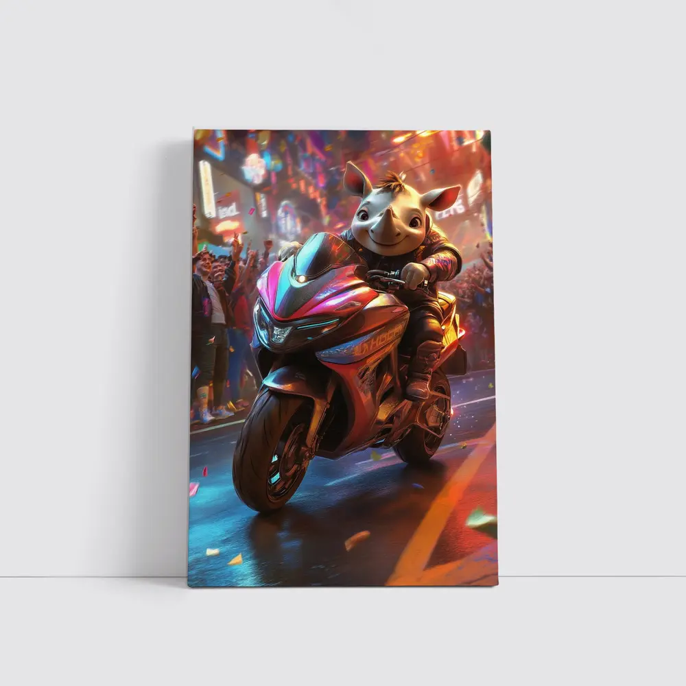 Cartoon Rhino Riding Sport Bike Neon City – Wall Art