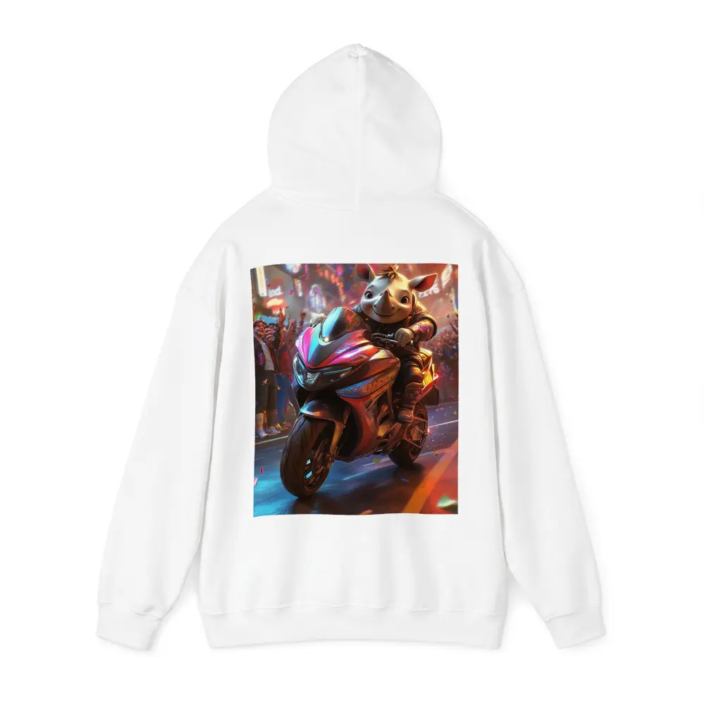Cartoon Rhino Riding Sport Bike Neon City – Hoodies