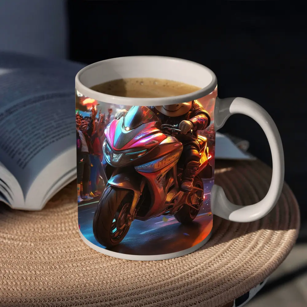 Cartoon Rhino Riding Sport Bike Neon City – Mugs