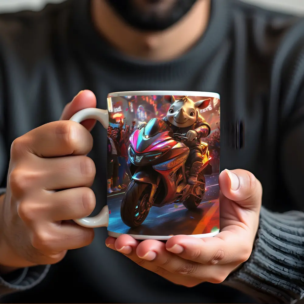 Cartoon Rhino Riding Sport Bike Neon City – Mugs