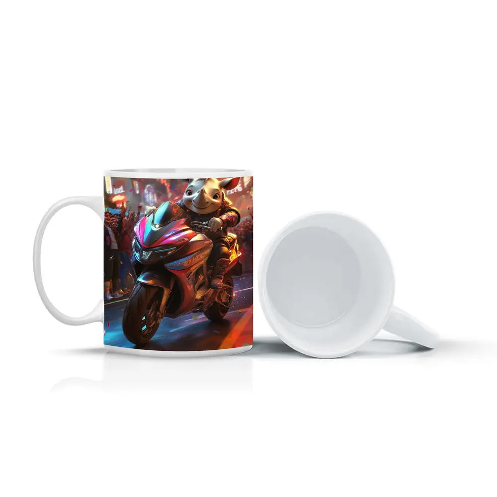 Cartoon Rhino Riding Sport Bike Neon City – Mugs
