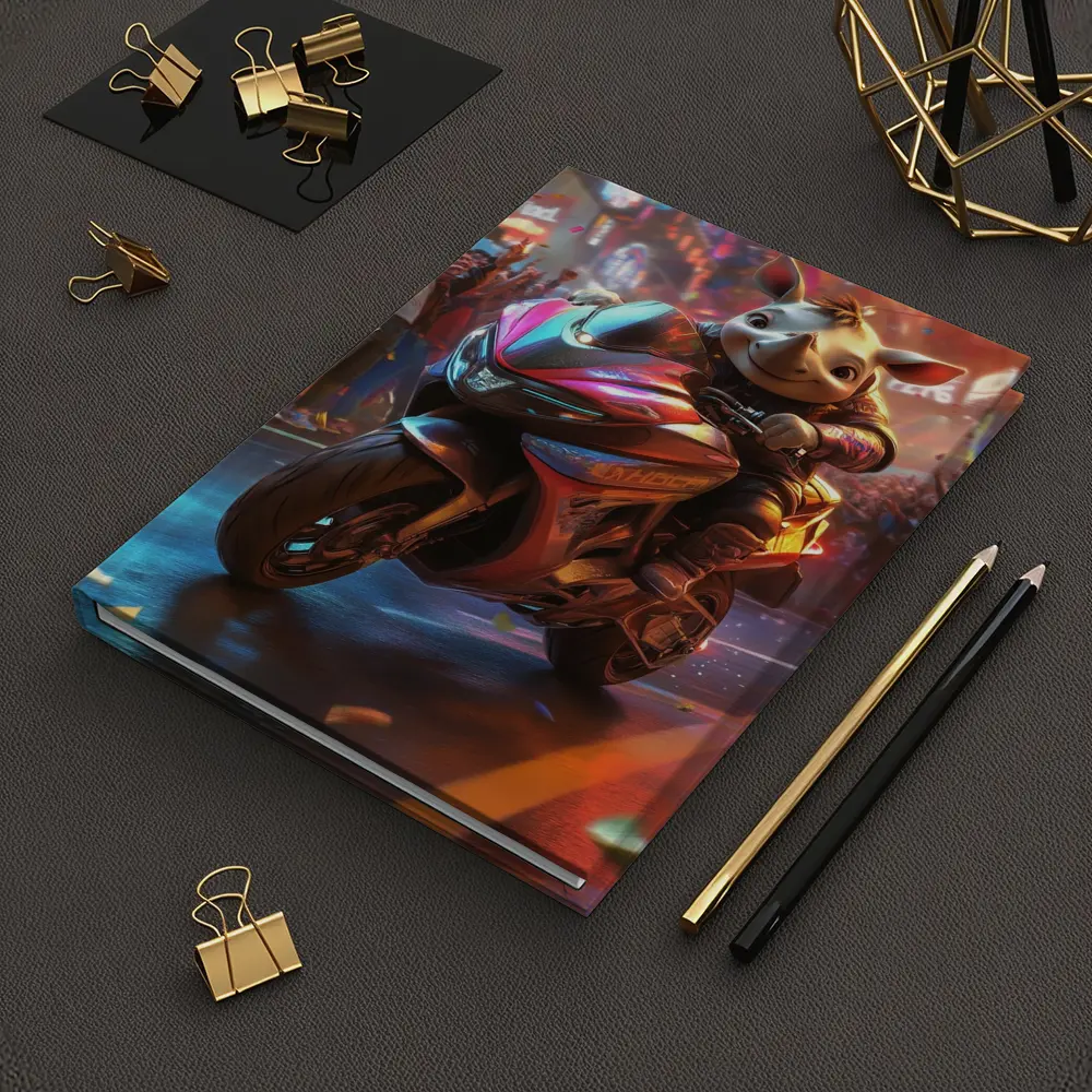 Cartoon Rhino Riding Sport Bike Neon City – Notebooks