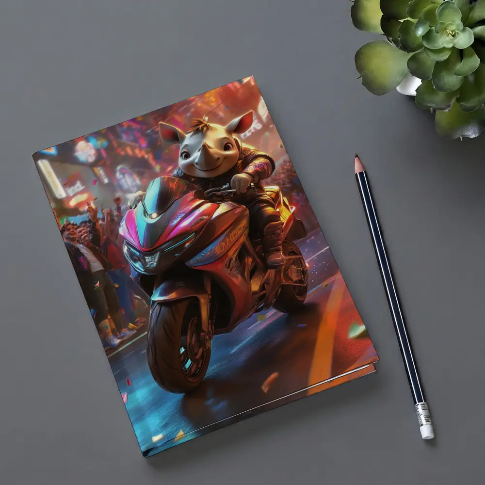 Cartoon Rhino Riding Sport Bike Neon City – Notebooks