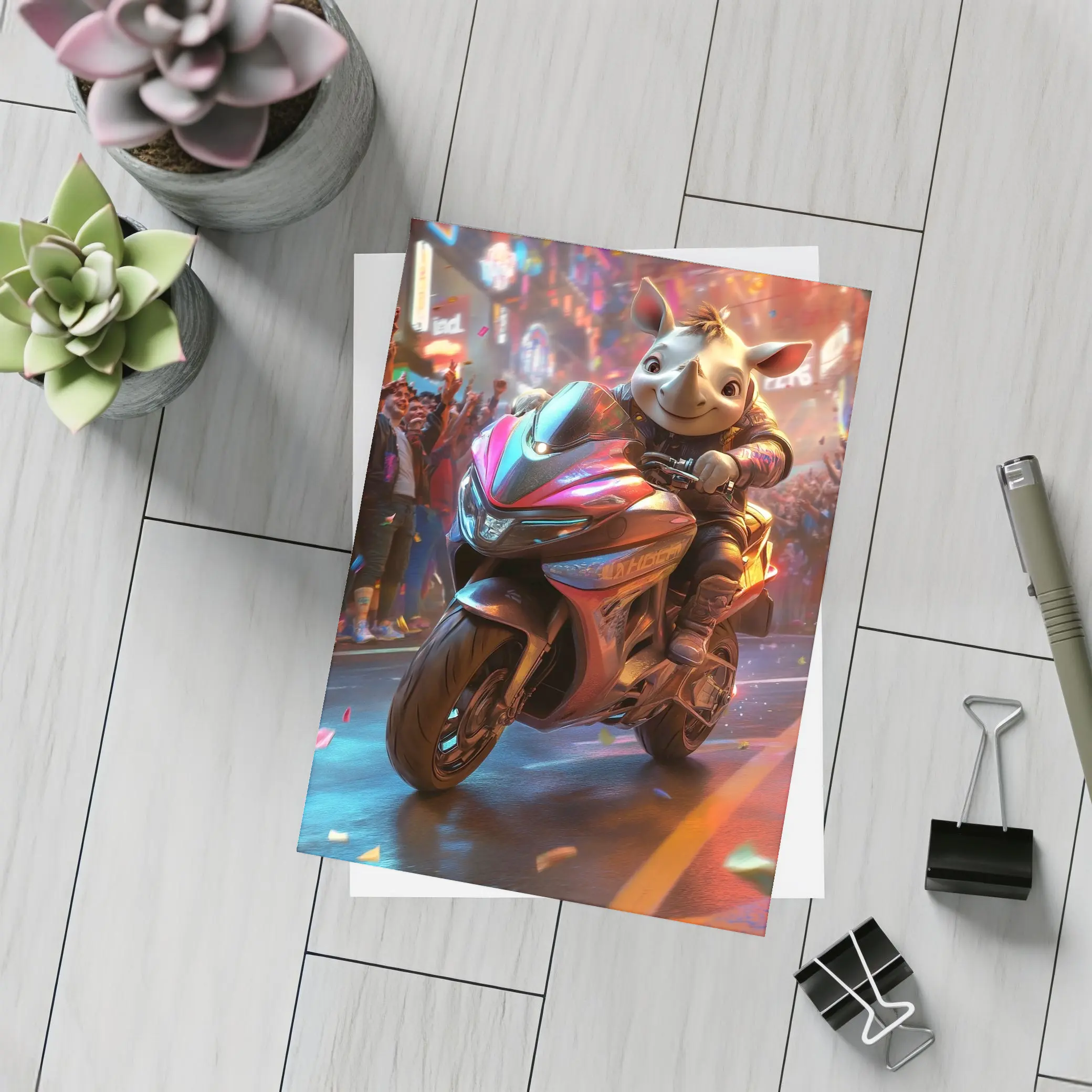 Cartoon Rhino Riding Sport Bike Neon City – Postcards