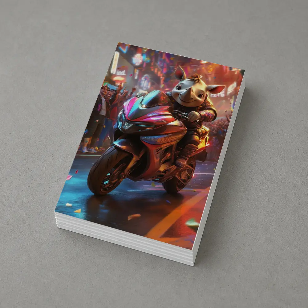Cartoon Rhino Riding Sport Bike Neon City – Postcards