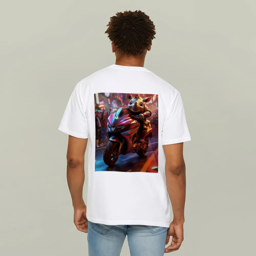 Cartoon Rhino Riding Sport Bike Neon City – T-Shirts
