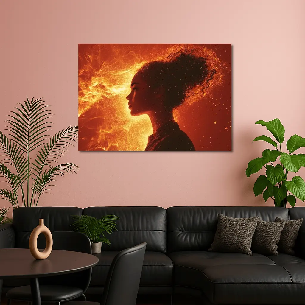 Woman Silhouette Fire Flames Glowing Background – Wall Art