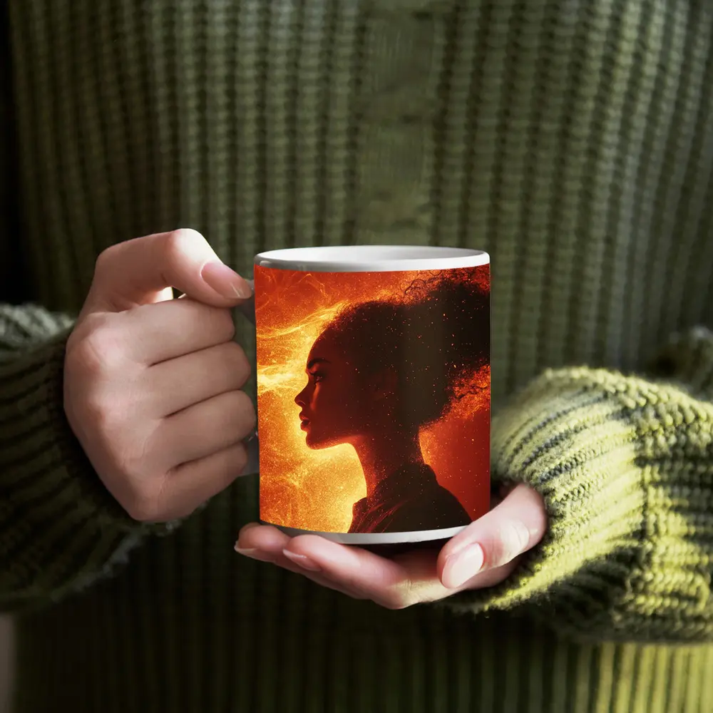 Woman Silhouette Fire Flames Glowing Background – Mugs