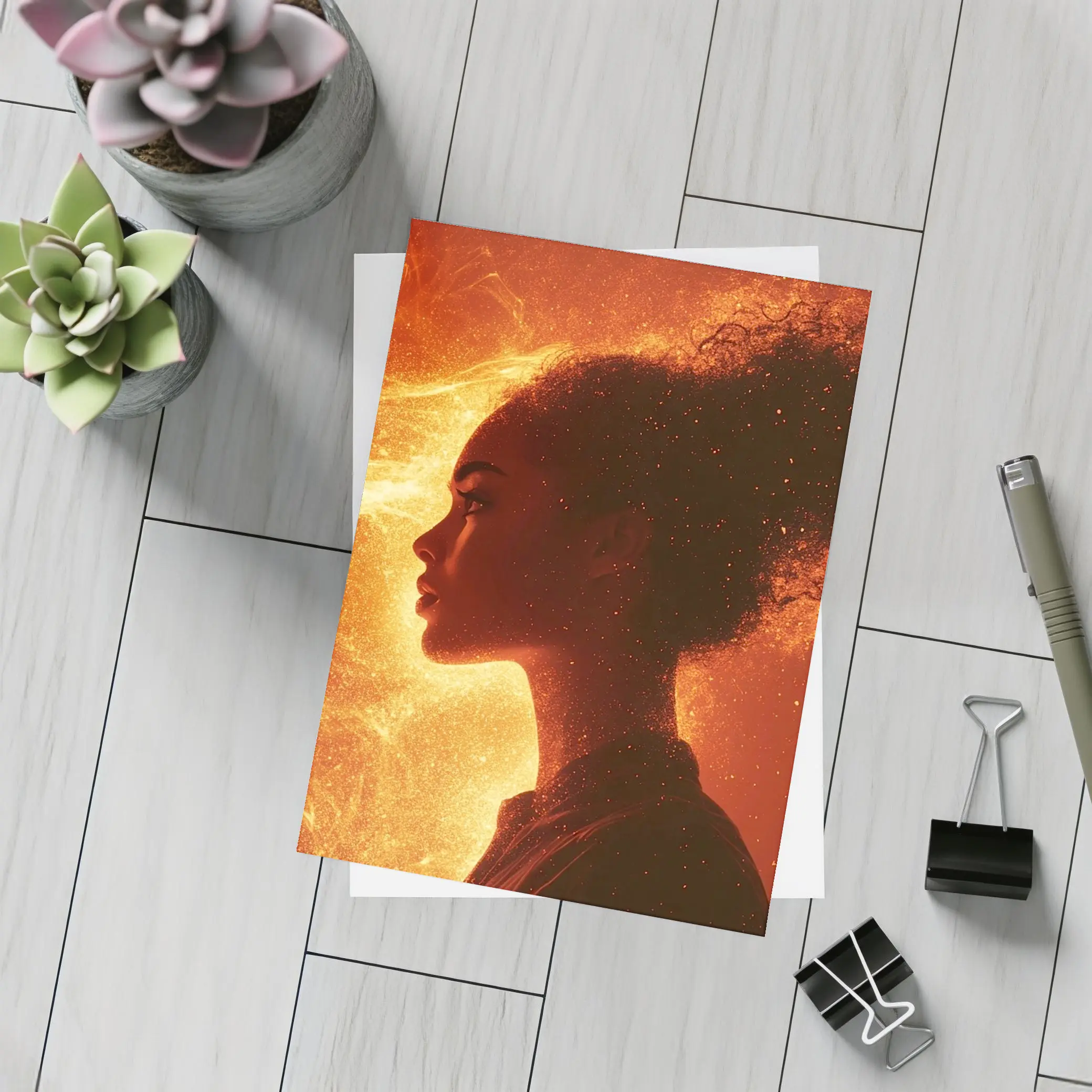 Woman Silhouette Fire Flames Glowing Background – Postcards
