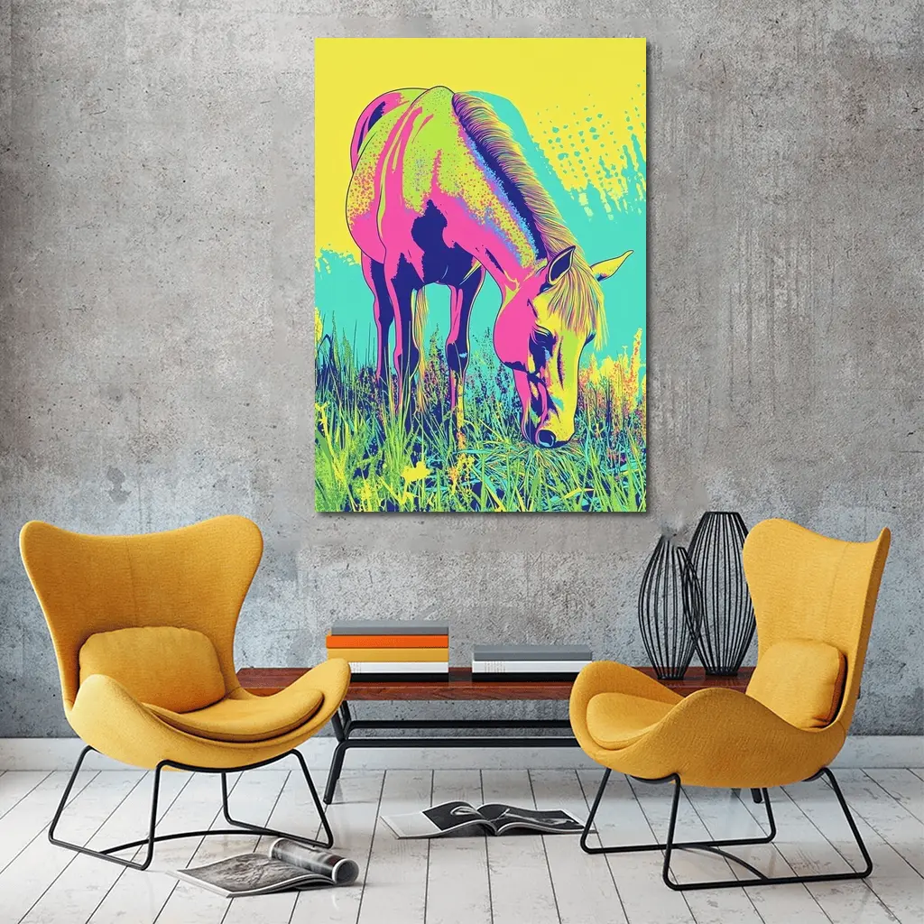 Pop Art Horse Grazing Green Meadow – Wall Art