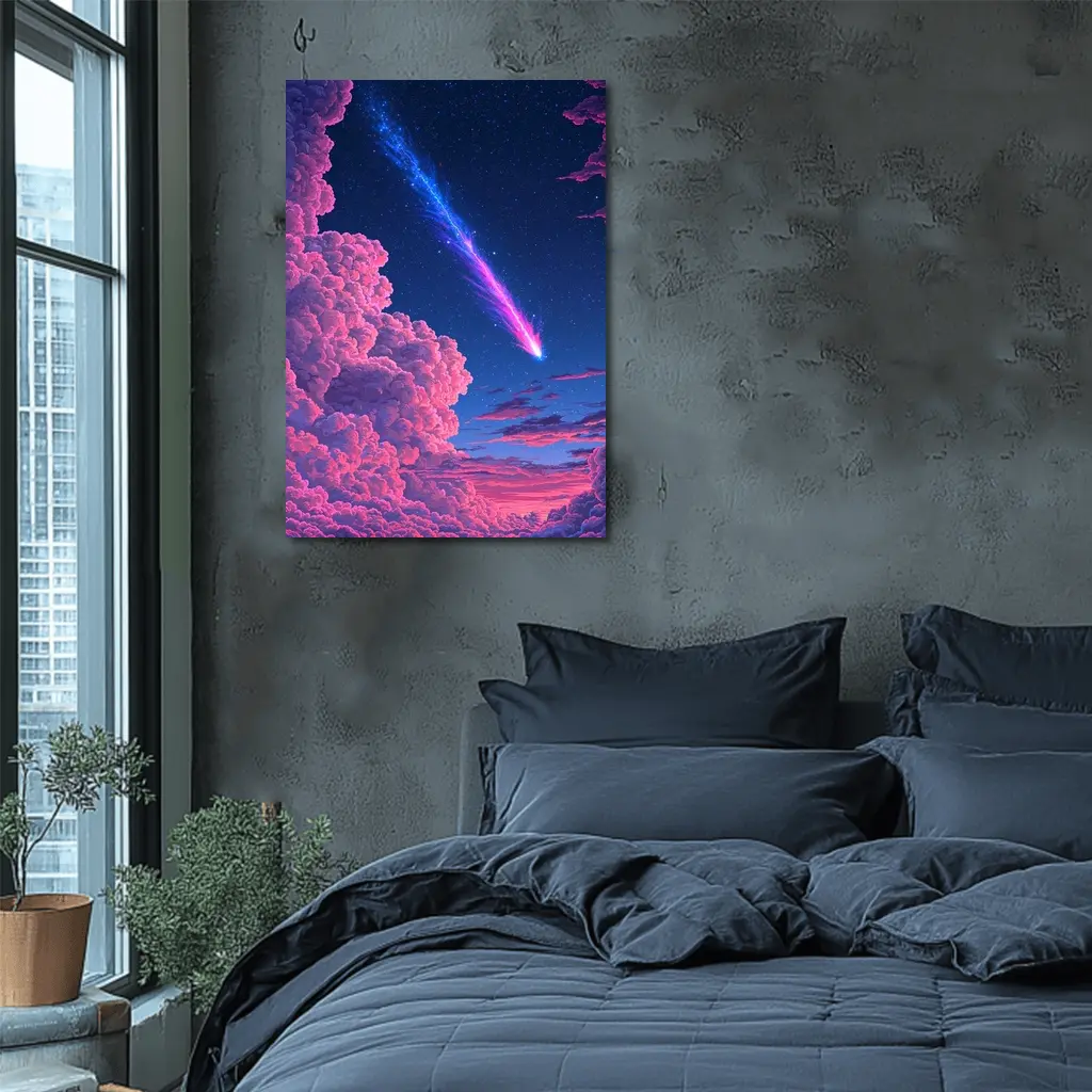 Pixel Art Comet Pink Night Sky – Wall Art