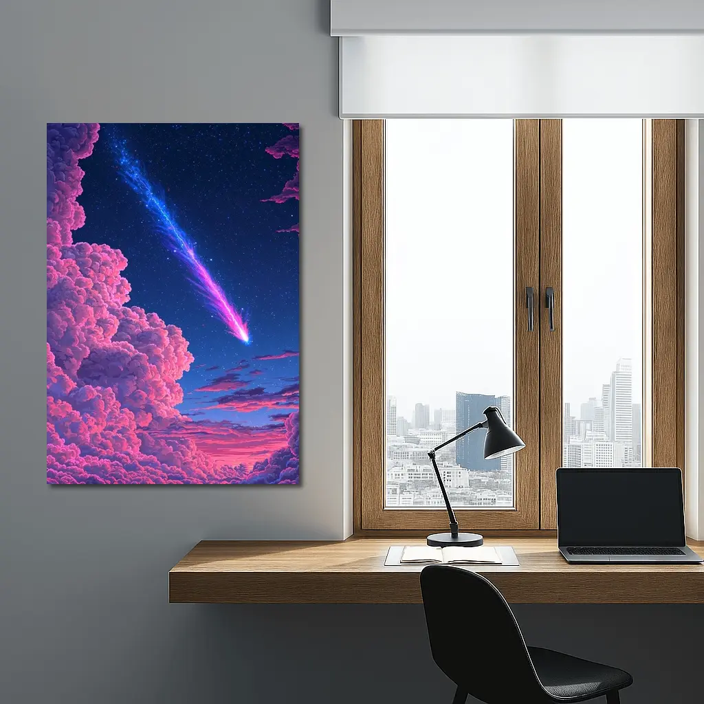 Pixel Art Comet Pink Night Sky – Wall Art