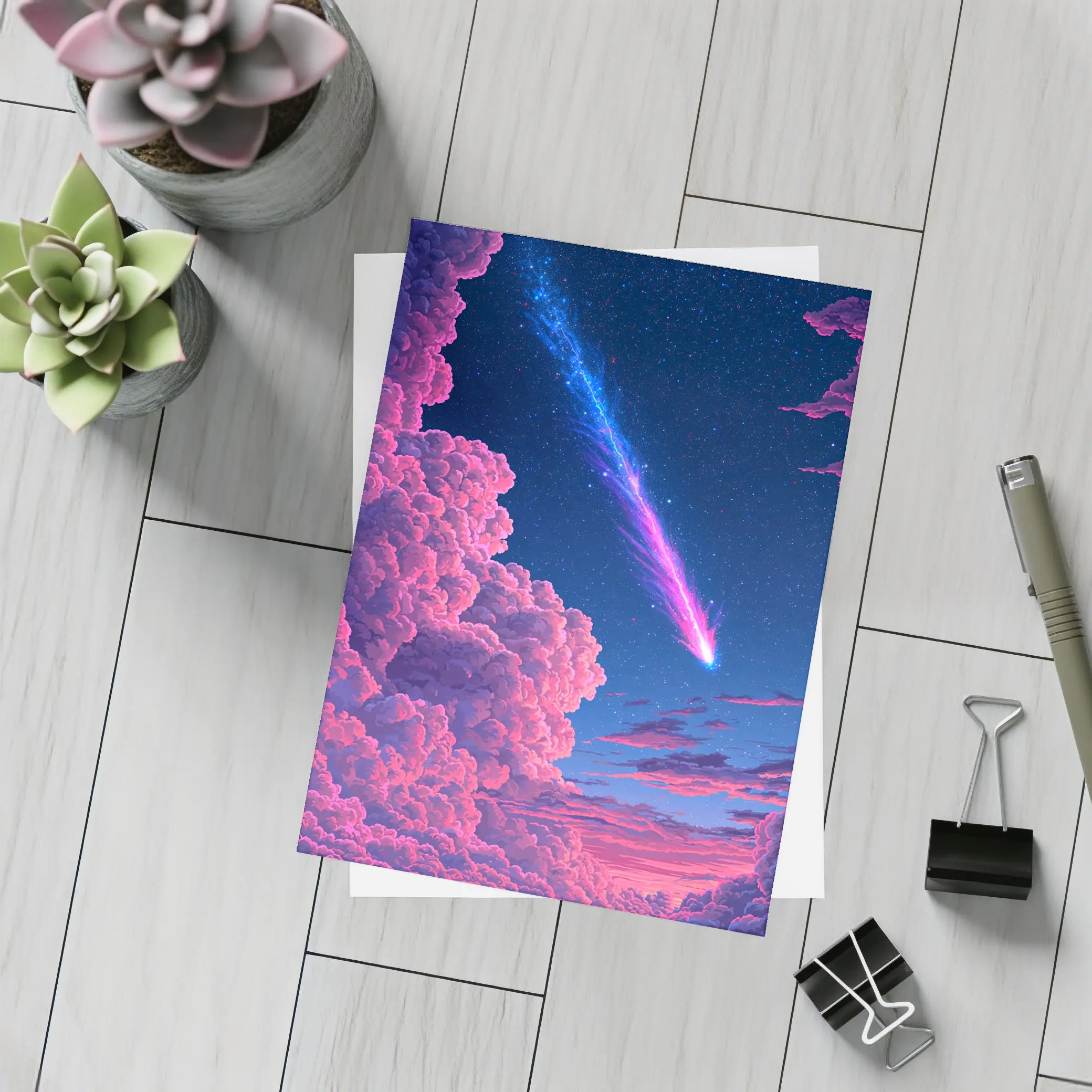 Pixel Art Comet Pink Night Sky – Postcards