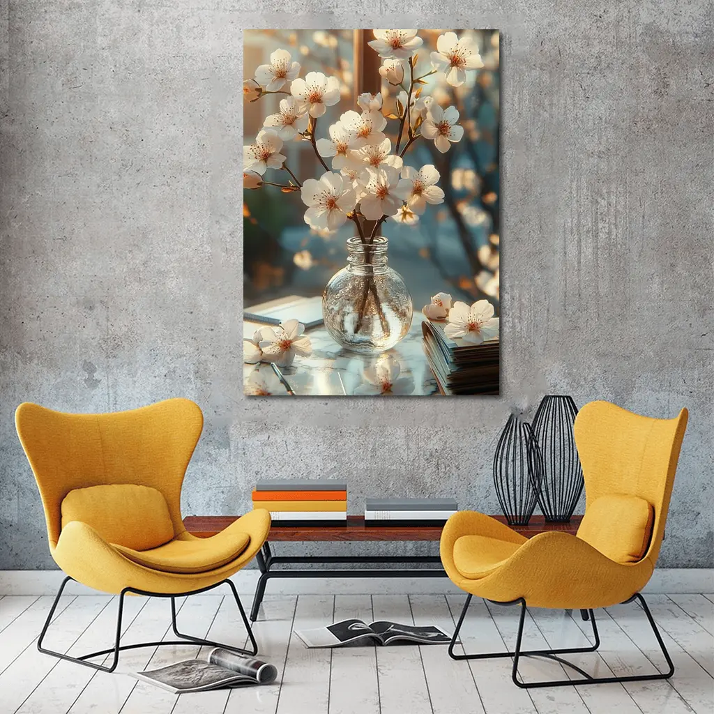 Cherry Blossom Branches Glass Vase Warm Light – Wall Art