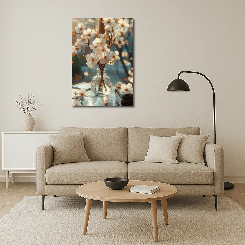 Cherry Blossom Branches Glass Vase Warm Light – Wall Art