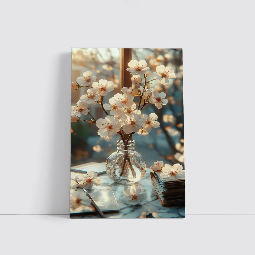 Cherry Blossom Branches Glass Vase Warm Light – Wall Art