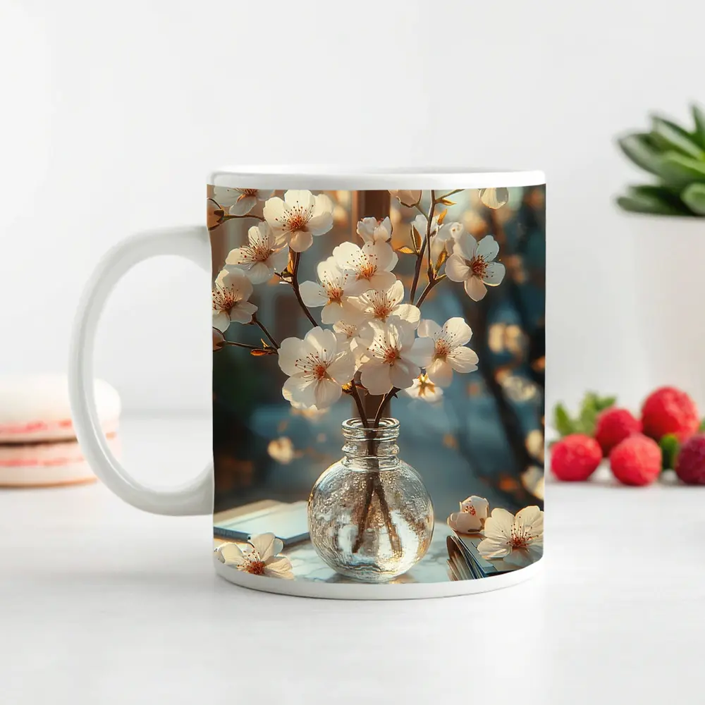 Cherry Blossom Branches Glass Vase Warm Light – Mugs