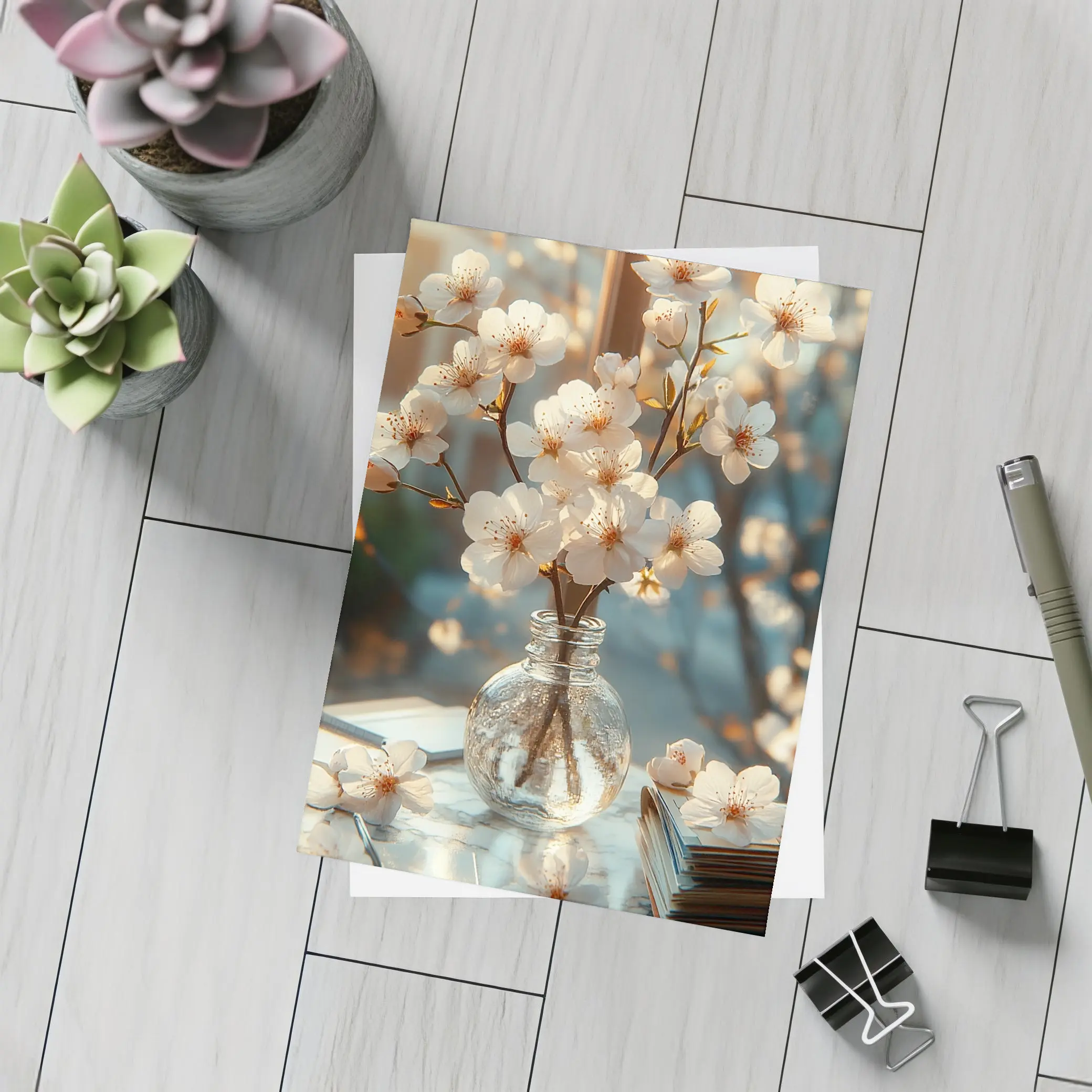 Cherry Blossom Branches Glass Vase Warm Light – Postcards