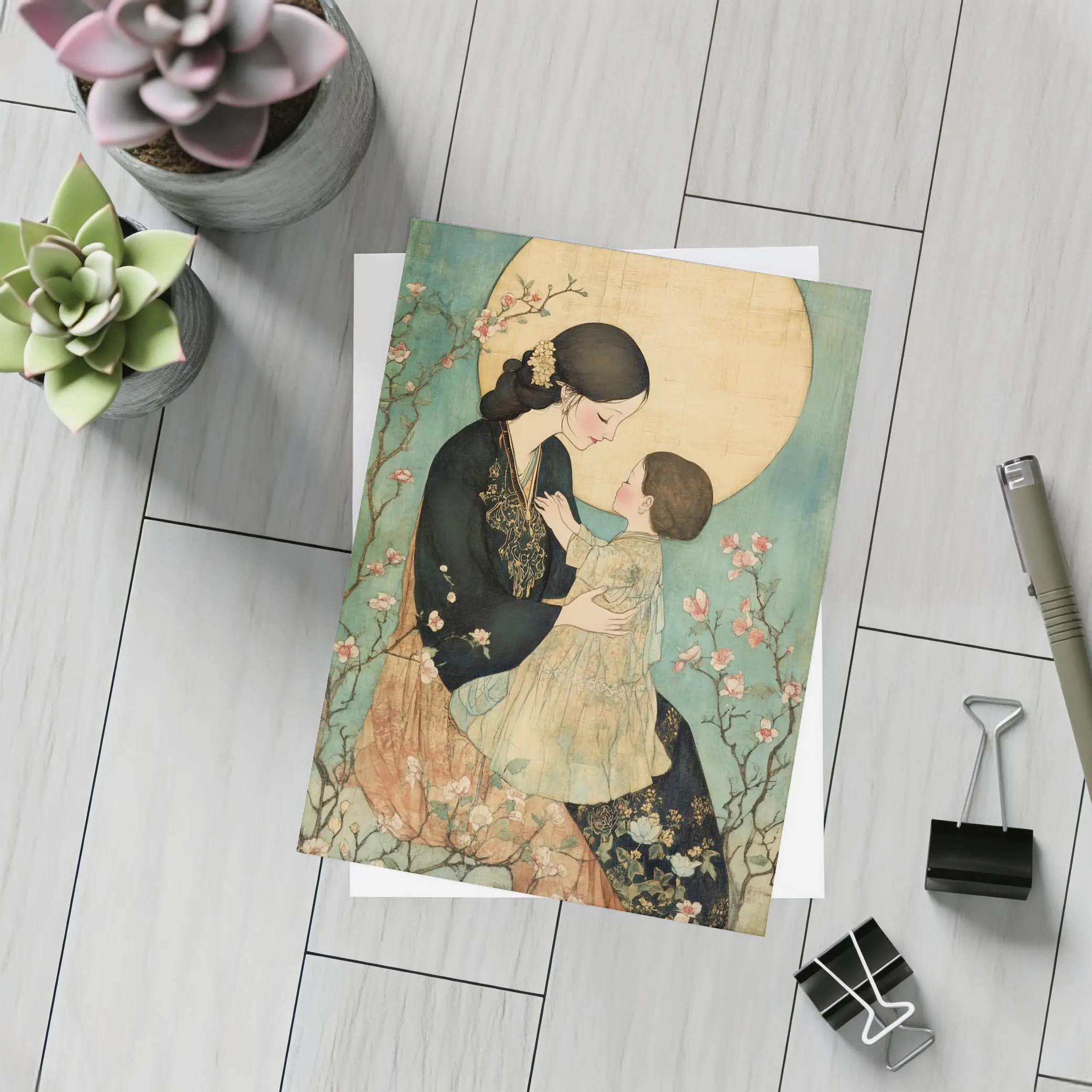 Mother and Child Cherry Blossom Japanese Art – Postcards