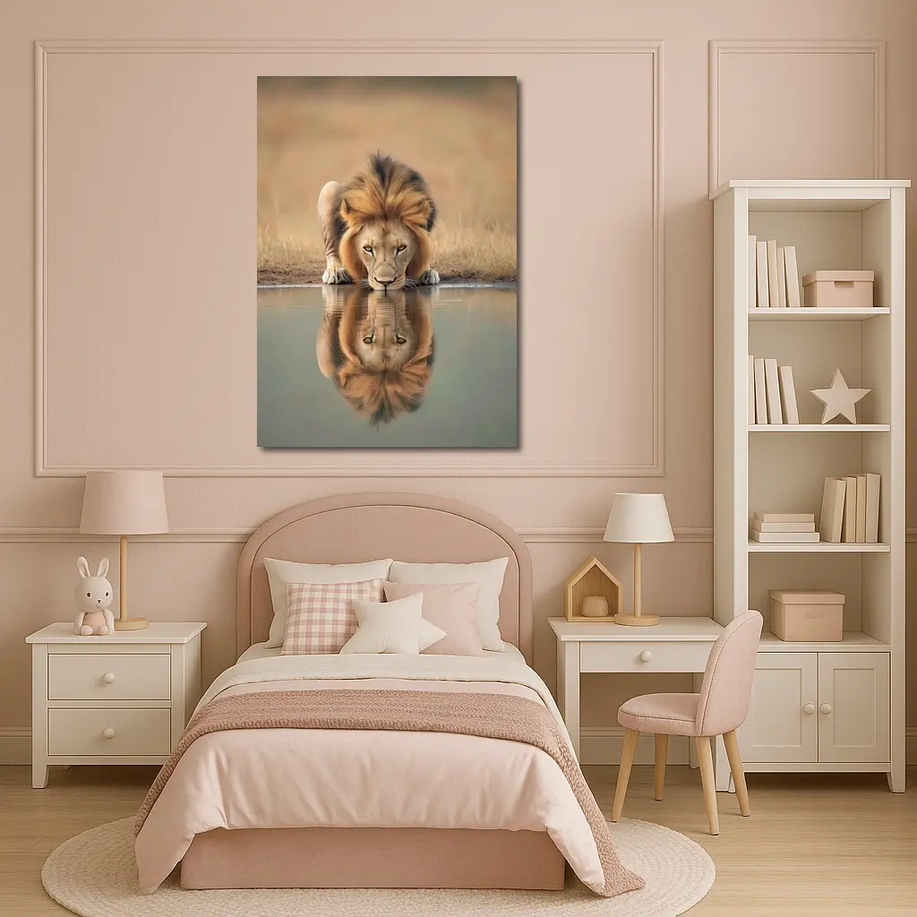 Male Lion Drinking Water Reflection African Savanna – Wall Art