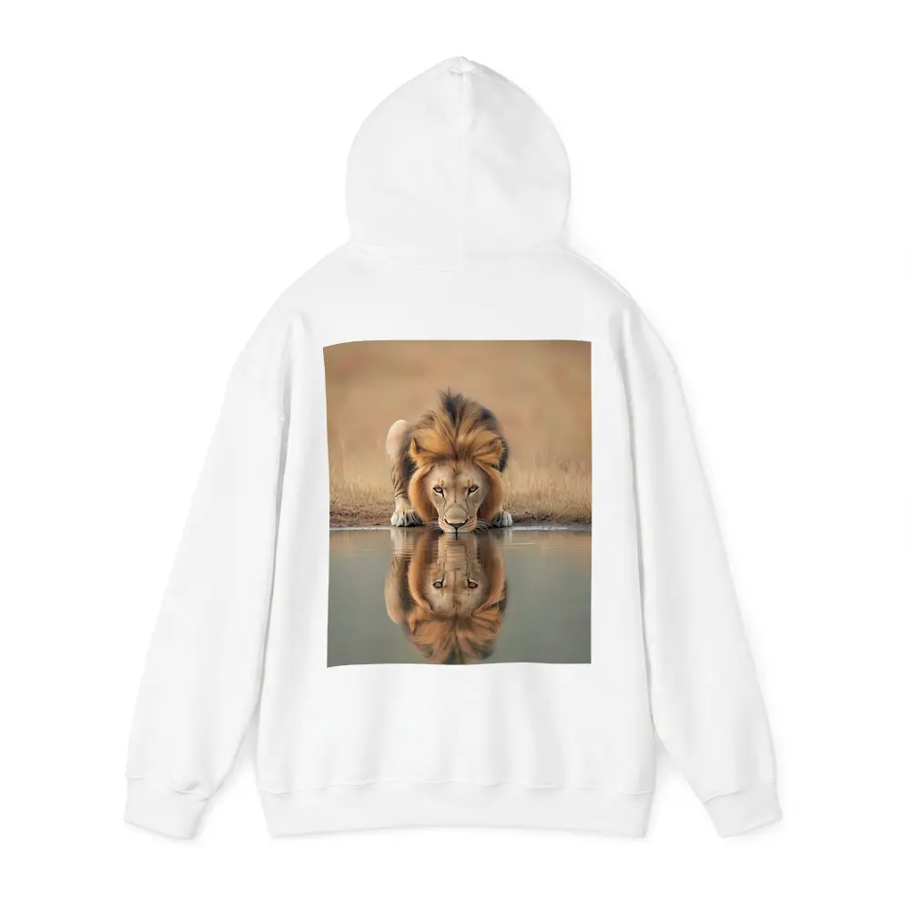 Male Lion Drinking Water Reflection African Savanna – Hoodies