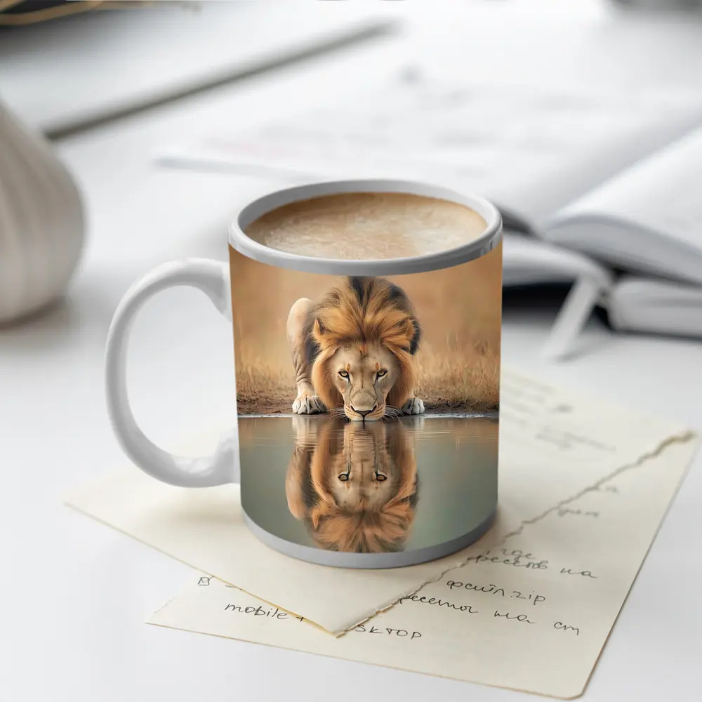 Male Lion Drinking Water Reflection African Savanna – Mugs