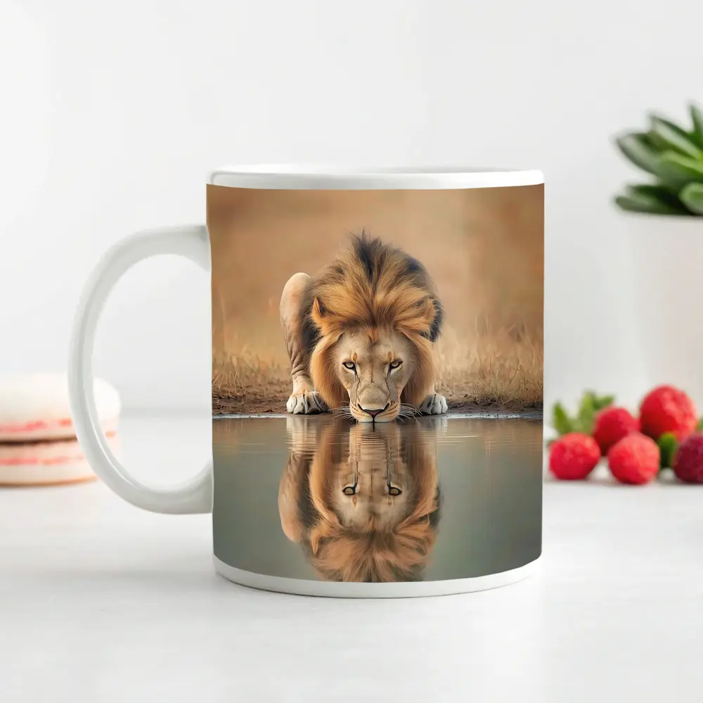 Male Lion Drinking Water Reflection African Savanna – Mugs